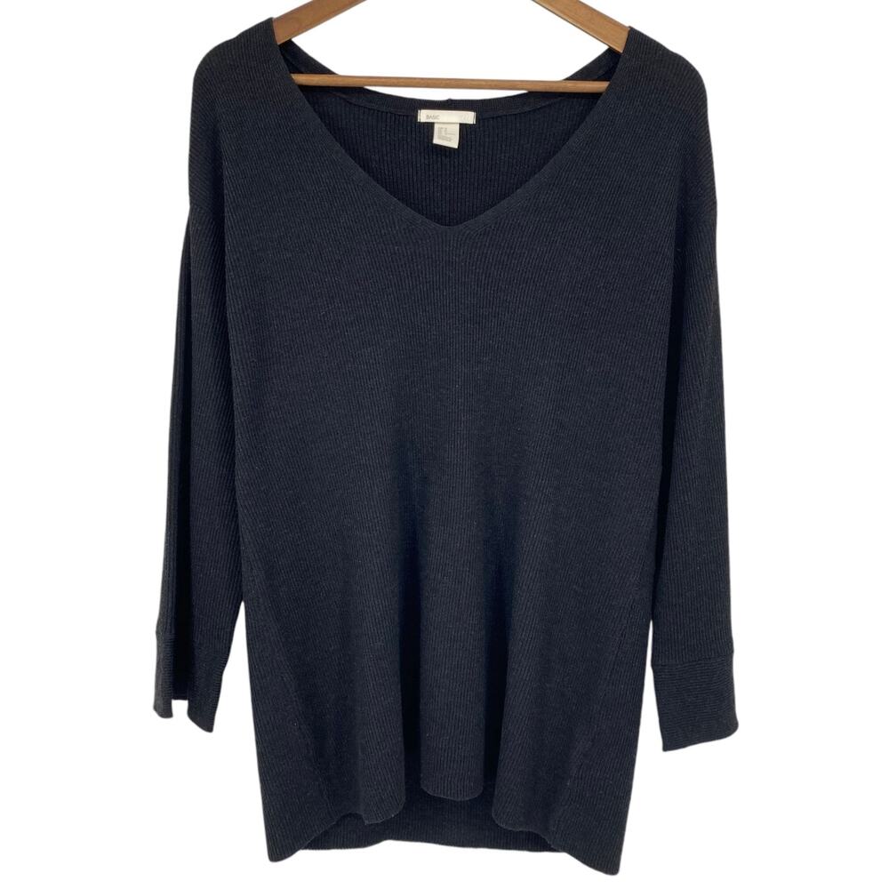 H&M BASIC Oversized V Neck Wool Blend Sweater Size Medium Charcoal Gray Ribbed